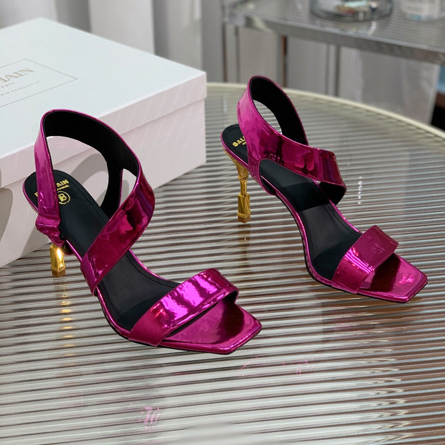 BALMAIN 25S HIGH HEEL SANDALS 95MM IN MAGENTA GLOSSY CALFSKIN