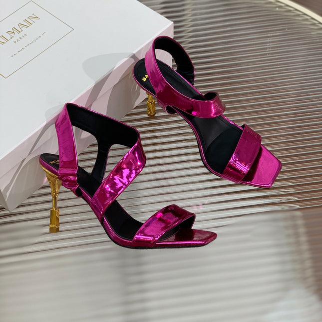 BALMAIN 25S HIGH HEEL SANDALS 95MM IN MAGENTA GLOSSY CALFSKIN