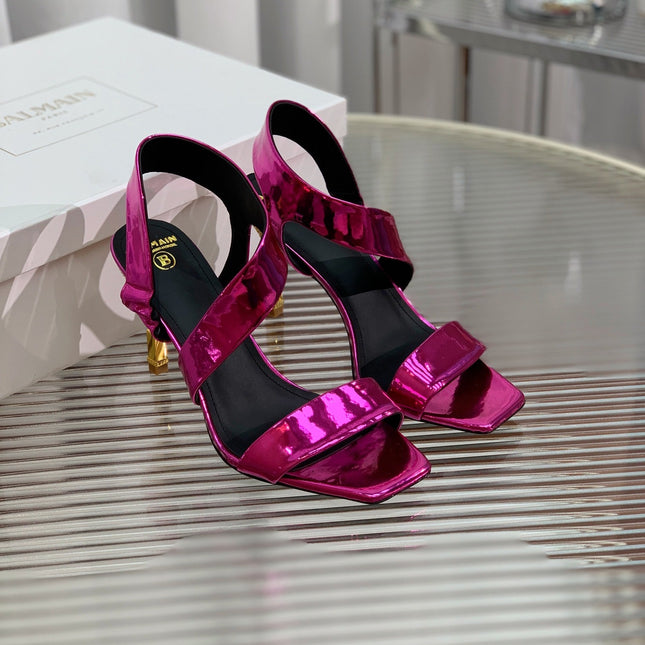 BALMAIN 25S HIGH HEEL SANDALS 95MM IN MAGENTA GLOSSY CALFSKIN