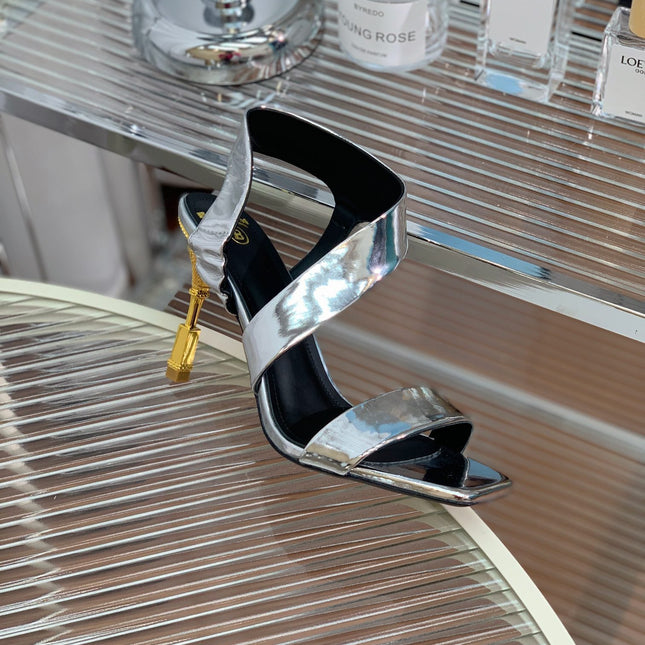 BALMAIN 25S HIGH HEEL SANDALS 95MM IN SILVER GLOSSY CALFSKIN