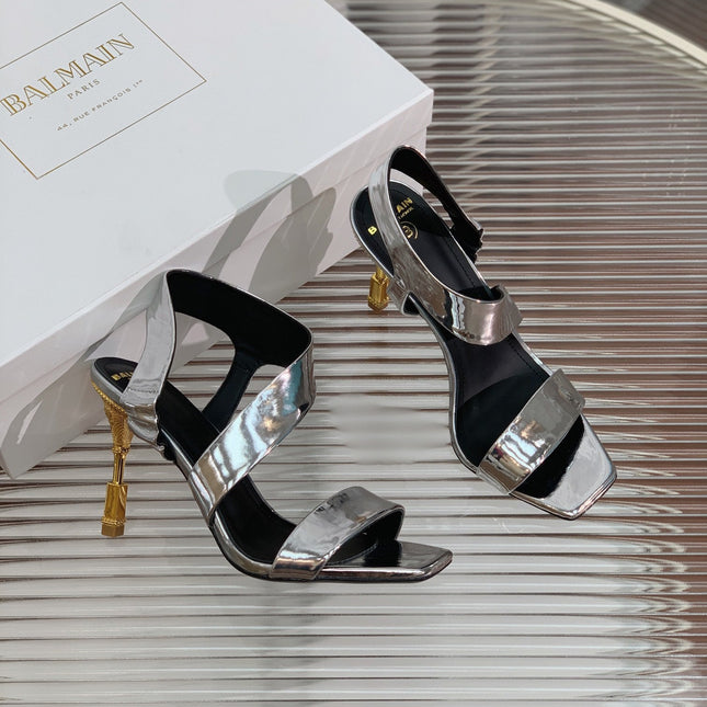 BALMAIN 25S HIGH HEEL SANDALS 95MM IN SILVER GLOSSY CALFSKIN
