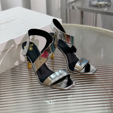 BALMAIN 25S HIGH HEEL SANDALS 95MM IN SILVER GLOSSY CALFSKIN