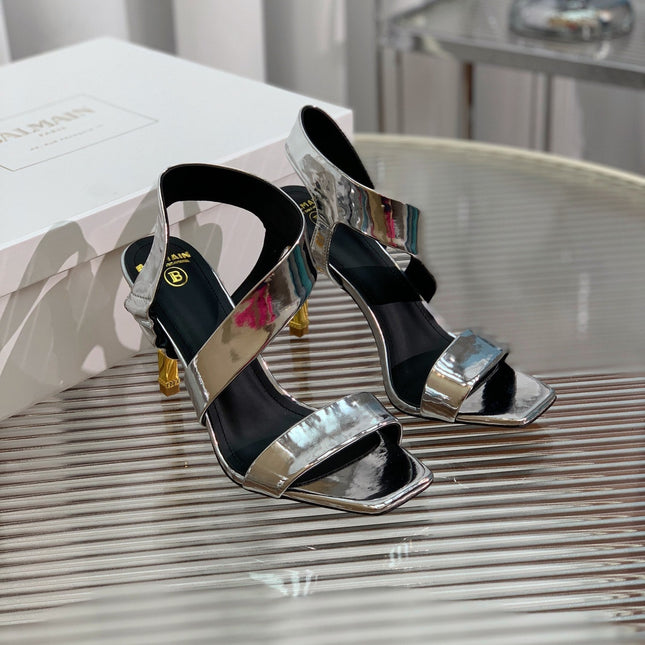BALMAIN 25S HIGH HEEL SANDALS 95MM IN SILVER GLOSSY CALFSKIN