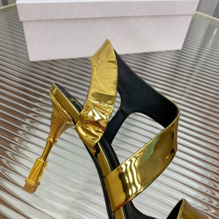 BALMAIN 25S HIGH HEEL SANDALS 95MM IN GOLD GLOSSY CALFSKIN