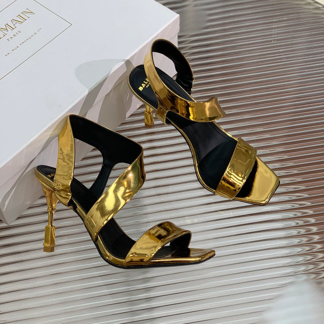 BALMAIN 25S HIGH HEEL SANDALS 95MM IN GOLD GLOSSY CALFSKIN