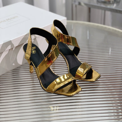 BALMAIN 25S HIGH HEEL SANDALS 95MM IN GOLD GLOSSY CALFSKIN