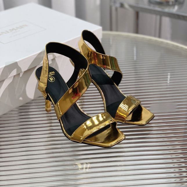 BALMAIN 25S HIGH HEEL SANDALS 95MM IN GOLD GLOSSY CALFSKIN