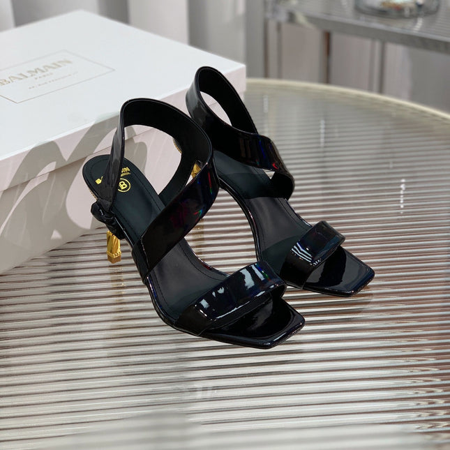 BALMAIN 25S HIGH HEEL SANDALS 95MM IN BLACK GLOSSY CALFSKIN