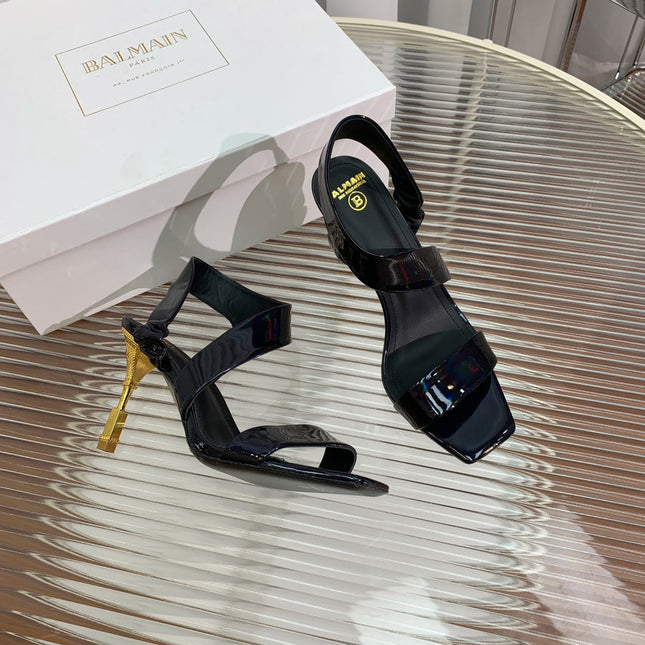 BALMAIN 25S HIGH HEEL SANDALS 95MM IN BLACK GLOSSY CALFSKIN