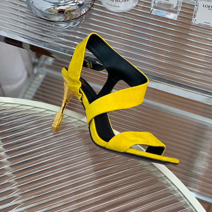 BALMAIN 25S HIGH HEEL SANDALS 95MM IN GOLDEN YELLOW SUEDE