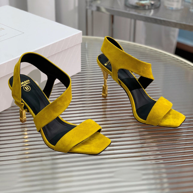 BALMAIN 25S HIGH HEEL SANDALS 95MM IN GOLDEN YELLOW SUEDE