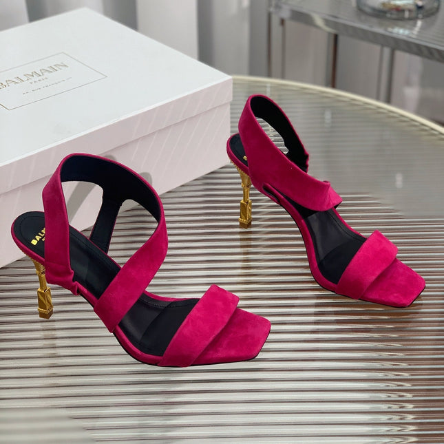 BALMAIN 25S HIGH HEEL SANDALS 95MM IN FUCHSIA SUEDE