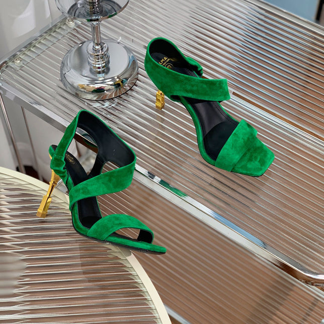 BALMAIN 25S HIGH HEEL SANDALS 95MM IN DARK GREEN SUEDE