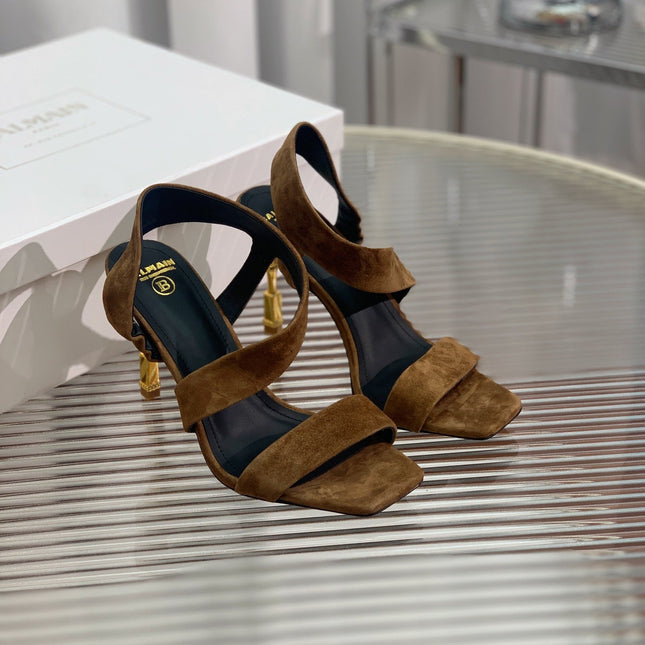 BALMAIN 25S HIGH HEEL SANDALS 95MM IN BROWN SUEDE