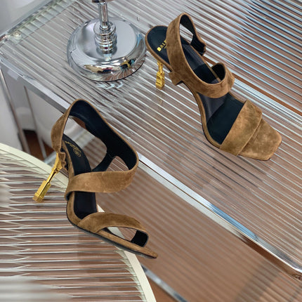 BALMAIN 25S HIGH HEEL SANDALS 95MM IN BROWN SUEDE