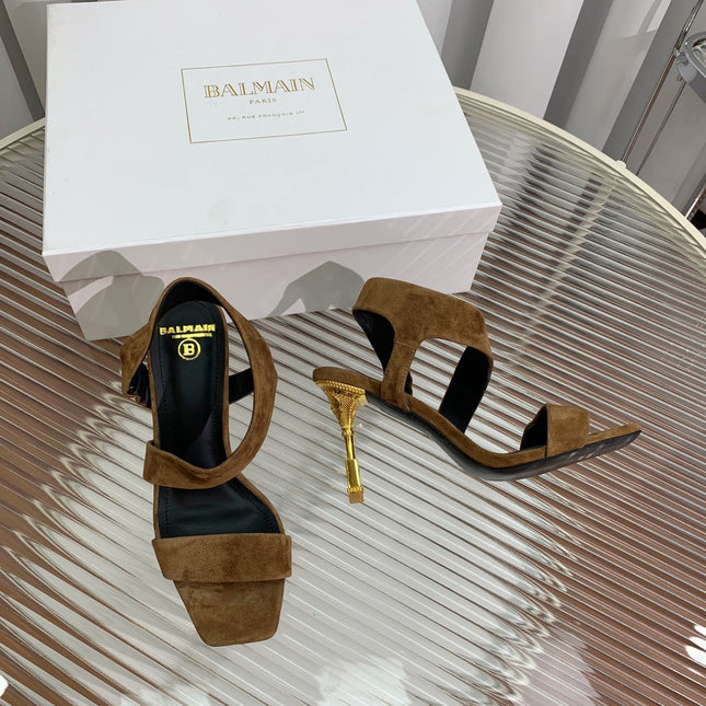 BALMAIN 25S HIGH HEEL SANDALS 95MM IN BROWN SUEDE