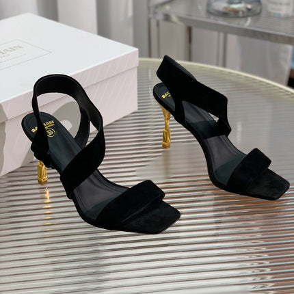 BALMAIN 25S HIGH HEEL SANDALS 95MM IN BLACK SUEDE