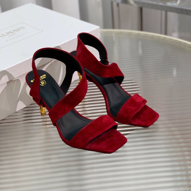 BALMAIN 25S HIGH HEEL SANDALS 95MM IN DARK CRIMSON SUEDE