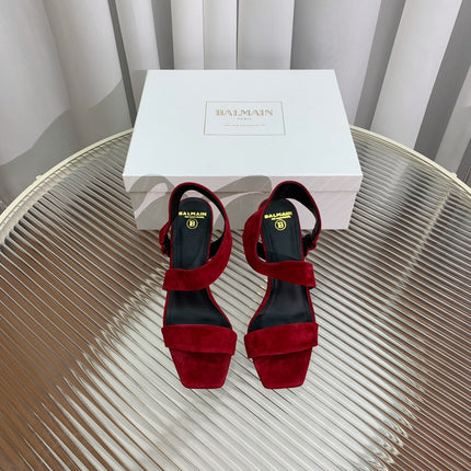 BALMAIN 25S HIGH HEEL SANDALS 95MM IN DARK CRIMSON SUEDE
