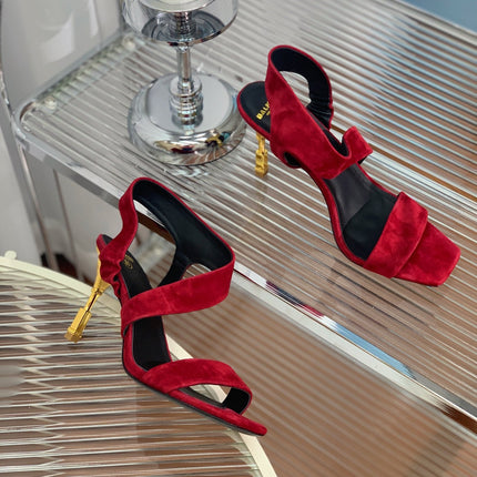 BALMAIN 25S HIGH HEEL SANDALS 95MM IN DARK CRIMSON SUEDE