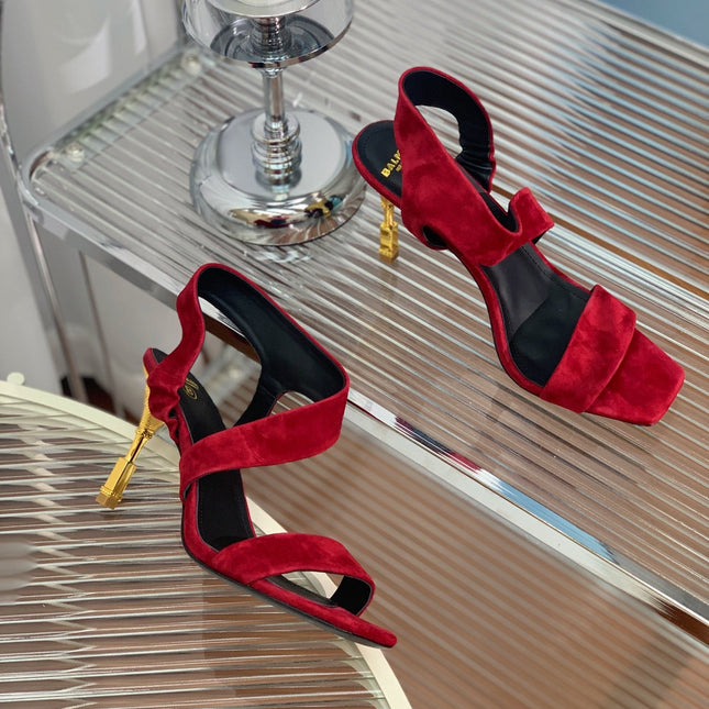 BALMAIN 25S HIGH HEEL SANDALS 95MM IN DARK CRIMSON SUEDE
