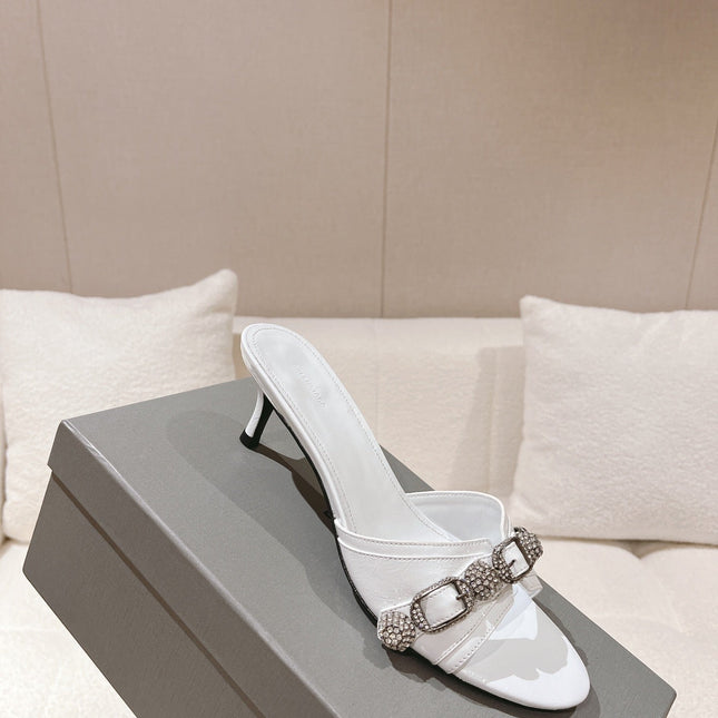 BALENCIAGA 25S HIGH-HEEL SANDALS IN WHITE COW LEATHER WITH RHINESTONE STRAP
