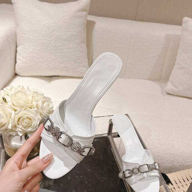 BALENCIAGA 25S HIGH-HEEL SANDALS IN WHITE COW LEATHER WITH RHINESTONE STRAP