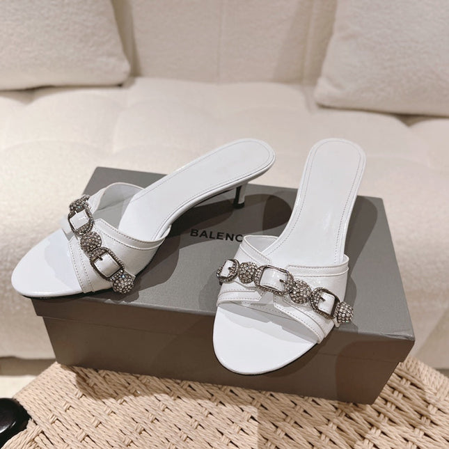 BALENCIAGA 25S HIGH-HEEL SANDALS IN WHITE COW LEATHER WITH RHINESTONE STRAP