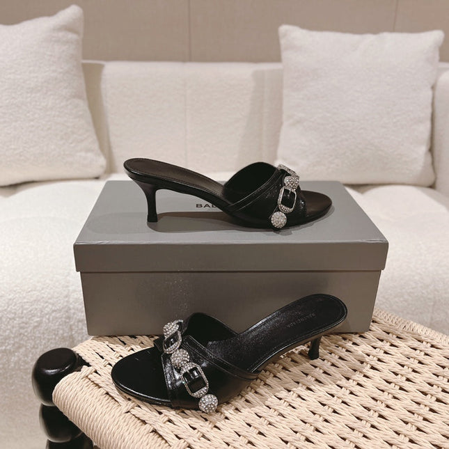 BALENCIAGA 25S HIGH-HEEL SANDALS IN BLACK COW LEATHER WITH RHINESTONE STRAP