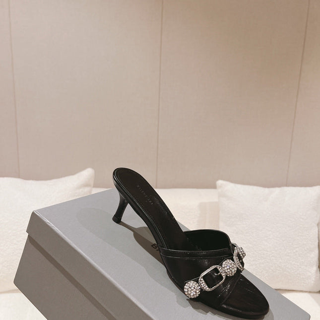 BALENCIAGA 25S HIGH-HEEL SANDALS IN BLACK COW LEATHER WITH RHINESTONE STRAP