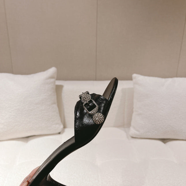 BALENCIAGA 25S HIGH-HEEL SANDALS IN BLACK COW LEATHER WITH RHINESTONE STRAP