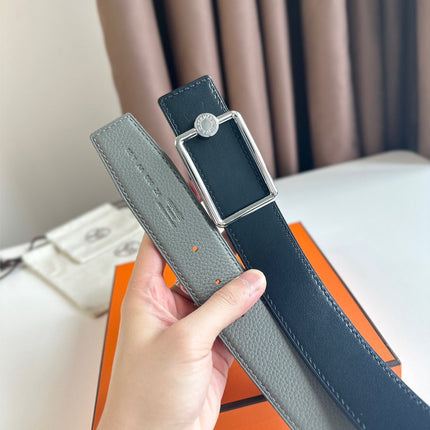 HM OSCAR BELT BUCKLE & REVERSIBLE BLACK AND ASH GREY LEATHER STRAP 38MM SILVER HARDWARE