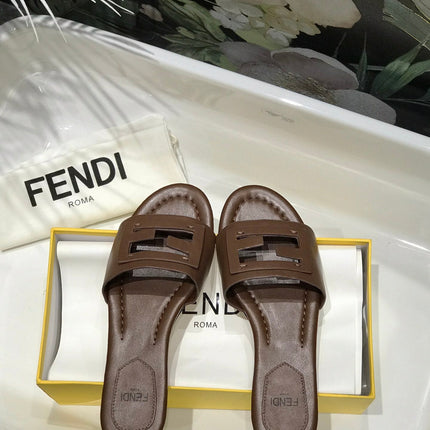 FENDI BAGUETTE SLIDES IN COFFEE BROWN LAMBSKIN