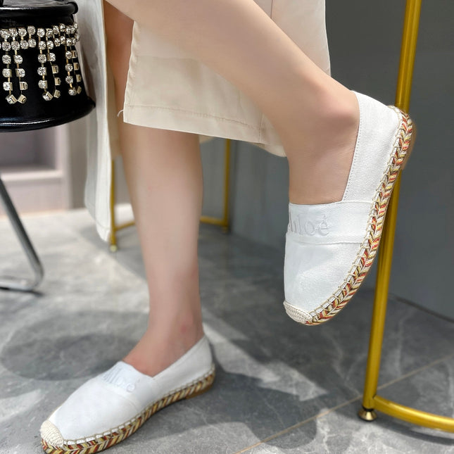 LOAFERS IN WHITE FABRIC AND RAFFIA