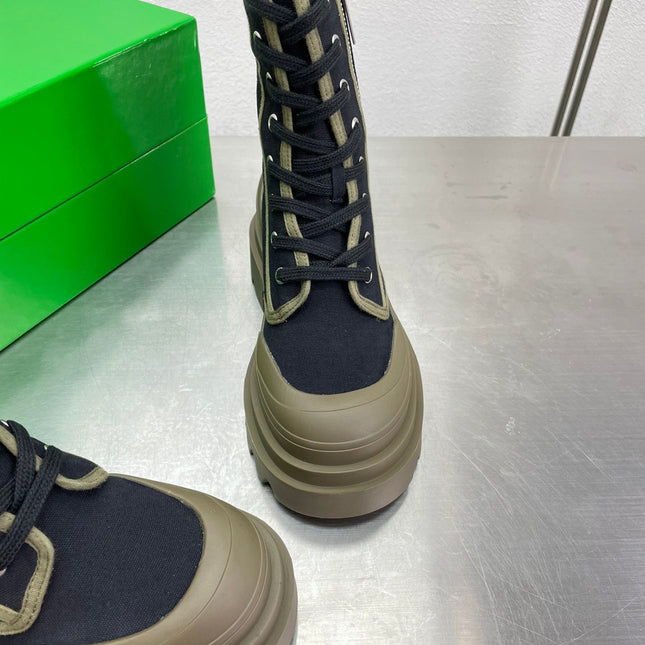 RIBBON BOMBER LACE-UP BOOTS IN BLACK MIX OLIVE GREEN CANVAS