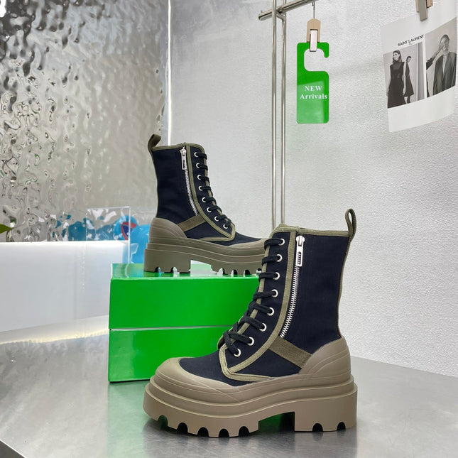 RIBBON BOMBER LACE-UP BOOTS IN BLACK MIX OLIVE GREEN CANVAS