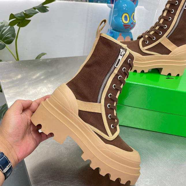 RIBBON BOMBER LACE-UP BOOTS IN RUSSET MIX PEANUT BROWN CANVAS