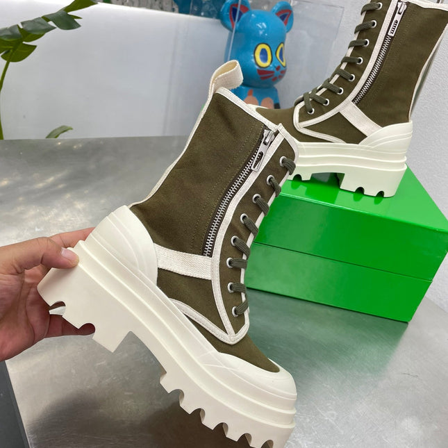 RIBBON BOMBER LACE-UP BOOTS IN OLIVE GREEN MIX WHITE CANVAS