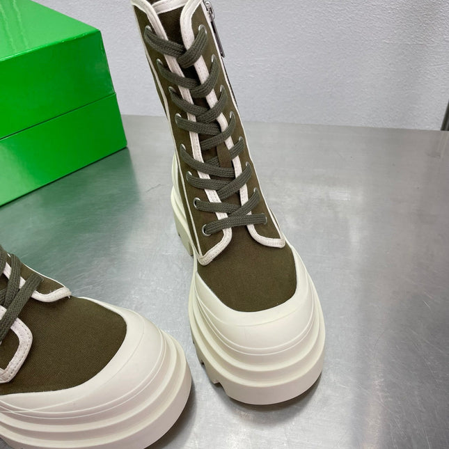 RIBBON BOMBER LACE-UP BOOTS IN OLIVE GREEN MIX WHITE CANVAS