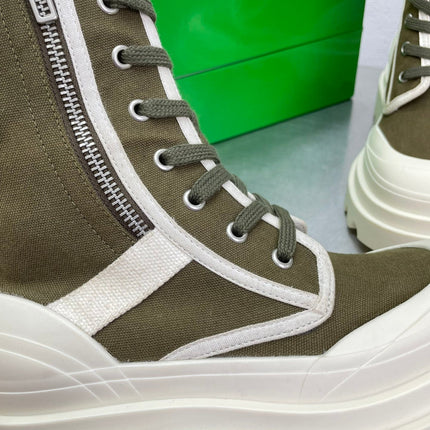 RIBBON BOMBER LACE-UP BOOTS IN OLIVE GREEN MIX WHITE CANVAS