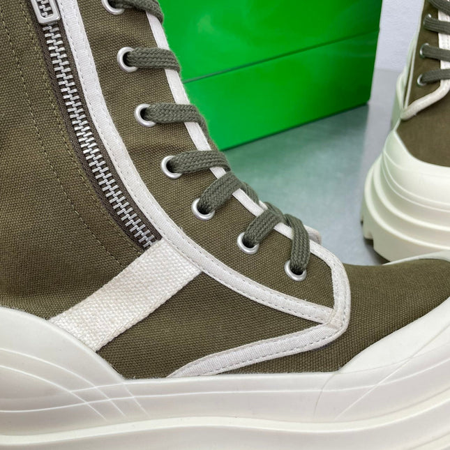 RIBBON BOMBER LACE-UP BOOTS IN OLIVE GREEN MIX WHITE CANVAS