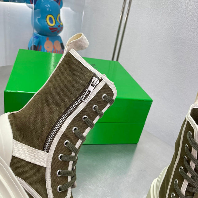 RIBBON BOMBER LACE-UP BOOTS IN OLIVE GREEN MIX WHITE CANVAS