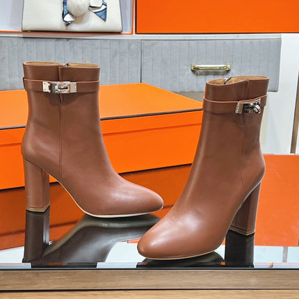 HM 25S SAINT GERMAIN ANKLE BOOTS 90 MM IN BROWN LAMBSKIN WITH SILVER HARDWARE