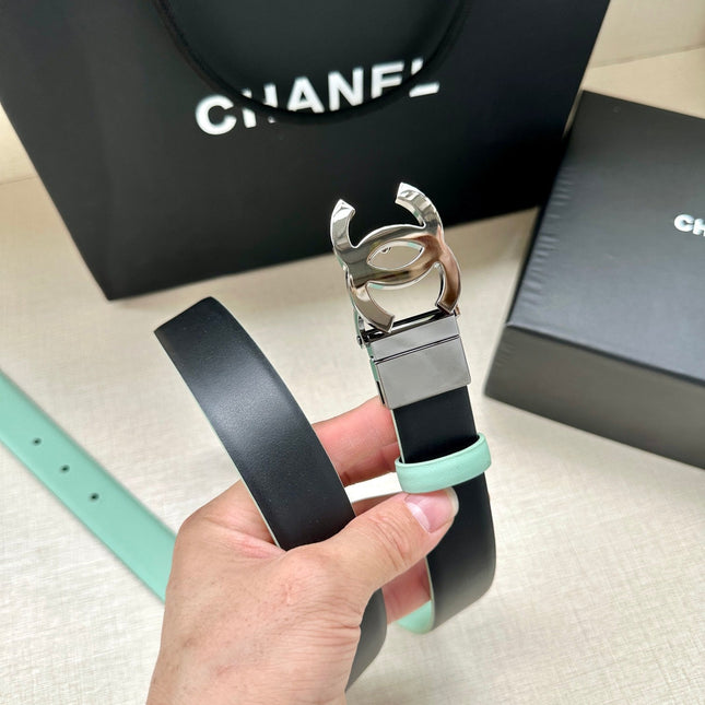CC 30MM BELT IN GREEN MINT AND BLACK CALFSKIN WITH SILVER HARDWARE