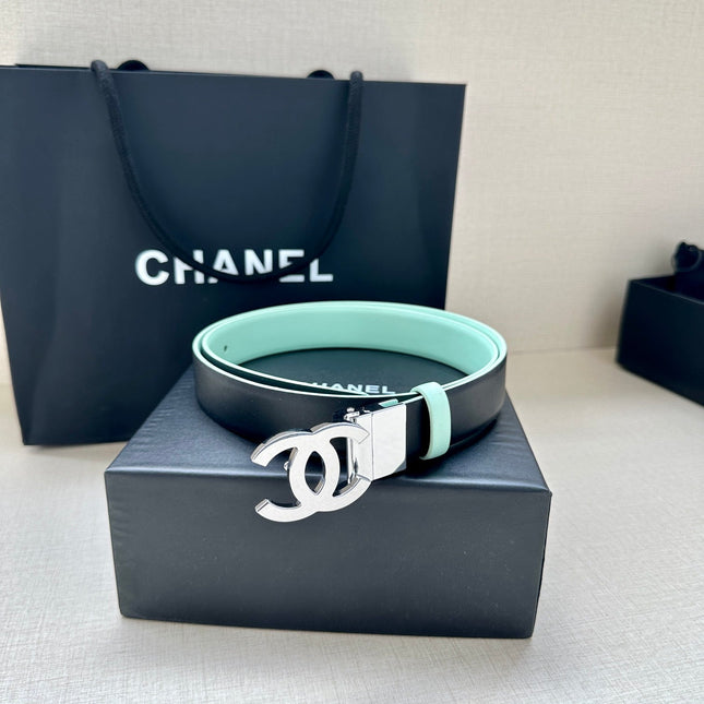 CC 30MM BELT IN GREEN MINT AND BLACK CALFSKIN WITH SILVER HARDWARE