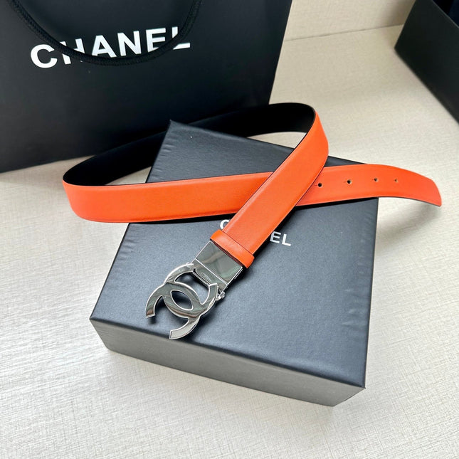 CC 30MM BELT IN FIRE ORANGE AND BLACK CALFSKIN WITH SILVER HARDWARE