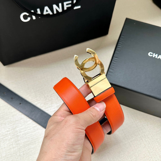 CC 30MM BELT IN FIRE ORANGE AND BLACK CALFSKIN WITH GOLD HARDWARE