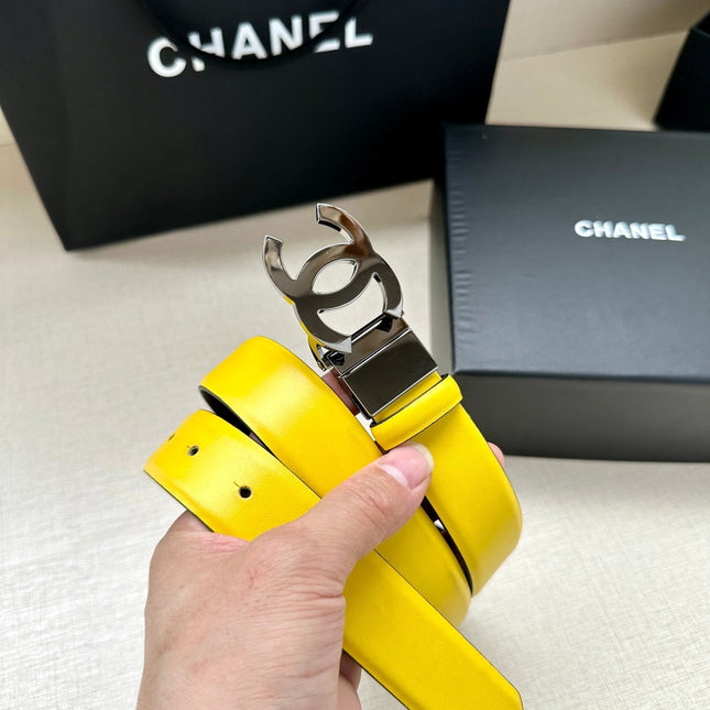 CC 30MM BELT IN BRIGHT YELLOW AND BLACK CALFSKIN WITH SILVER HARDWARE