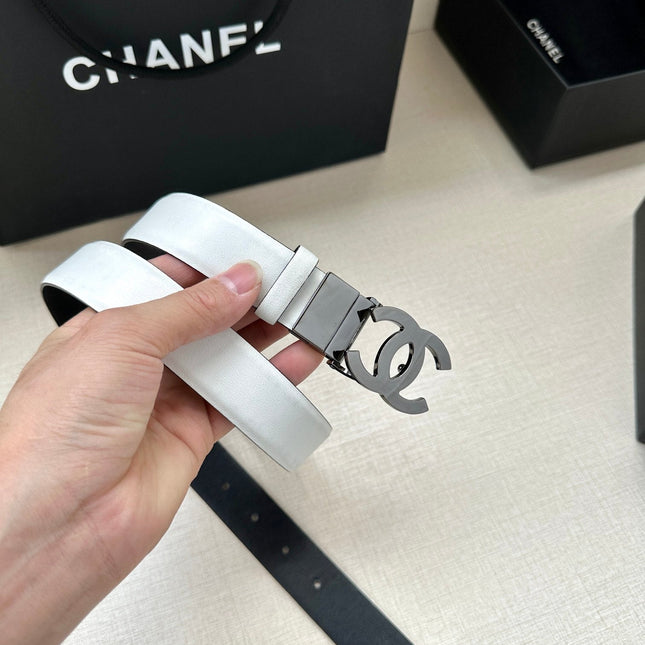 CC 30MM BELT IN WHITE AND BLACK CALFSKIN WITH SILVER HARDWARE