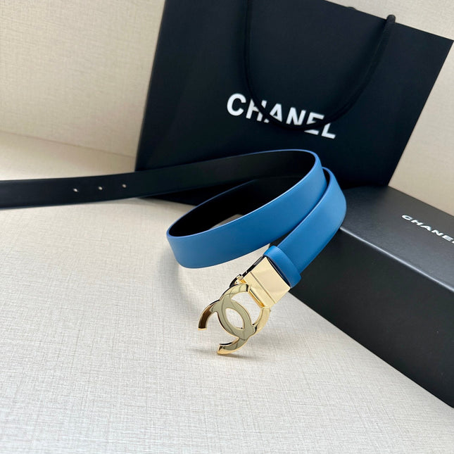 CC 30MM BELT IN BLUE AND BLACK CALFSKIN WITH GOLD HARDWARE